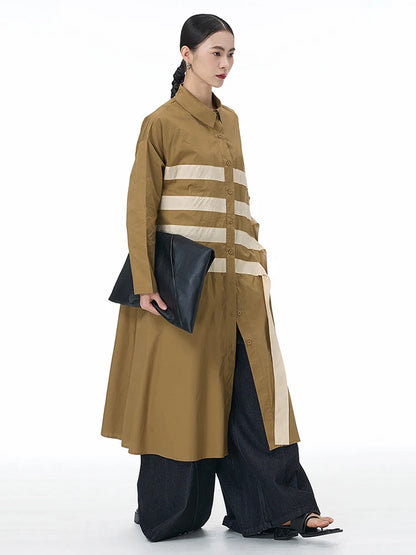 🍒black striped shirt dress women ribbon colour-block big size coat dress a-line with long sleeve and turn down collar fashion smart casual outwear Get A ZEBRA aCROSS a shirt dress cool thING