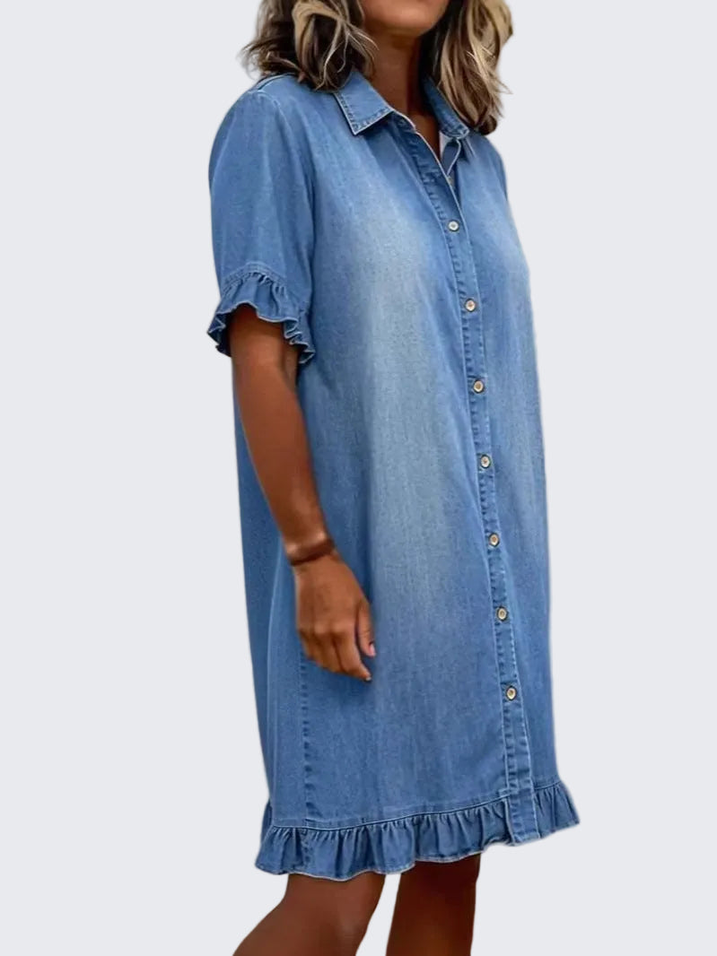 🍒Denim-hempstylrok vir vroue, gemaklike klere met soom- en moufrilletjies, somerdrag, vakansiedrag, bo-die-knie-uitrusting, kortmou. Bly weg van die rooi syfer en word “ge-FRILLED” met hierdie BLOU (of wit of swart)
