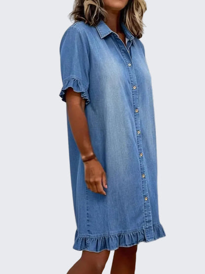 🍒Denim-hempstylrok vir vroue, gemaklike klere met soom- en moufrilletjies, somerdrag, vakansiedrag, bo-die-knie-uitrusting, kortmou. Bly weg van die rooi syfer en word “ge-FRILLED” met hierdie BLOU (of wit of swart)