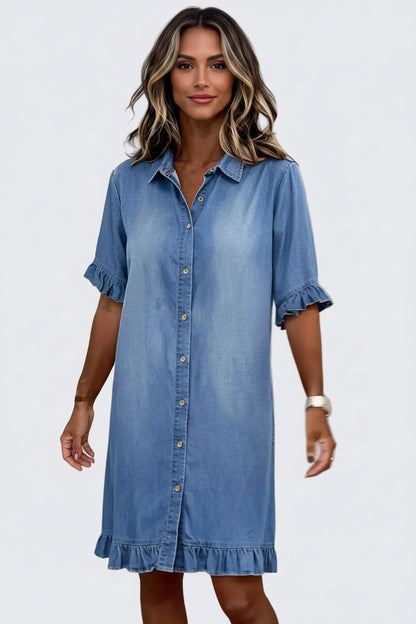 🍒Denim-hempstylrok vir vroue, gemaklike klere met soom- en moufrilletjies, somerdrag, vakansiedrag, bo-die-knie-uitrusting, kortmou. Bly weg van die rooi syfer en word “ge-FRILLED” met hierdie BLOU (of wit of swart)