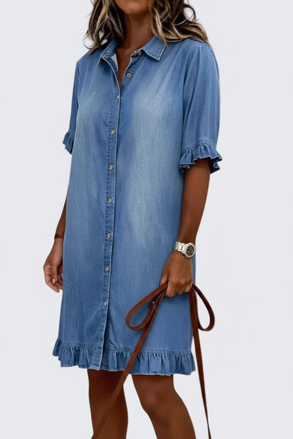 🍒Denim-hempstylrok vir vroue, gemaklike klere met soom- en moufrilletjies, somerdrag, vakansiedrag, bo-die-knie-uitrusting, kortmou. Bly weg van die rooi syfer en word “ge-FRILLED” met hierdie BLOU (of wit of swart)