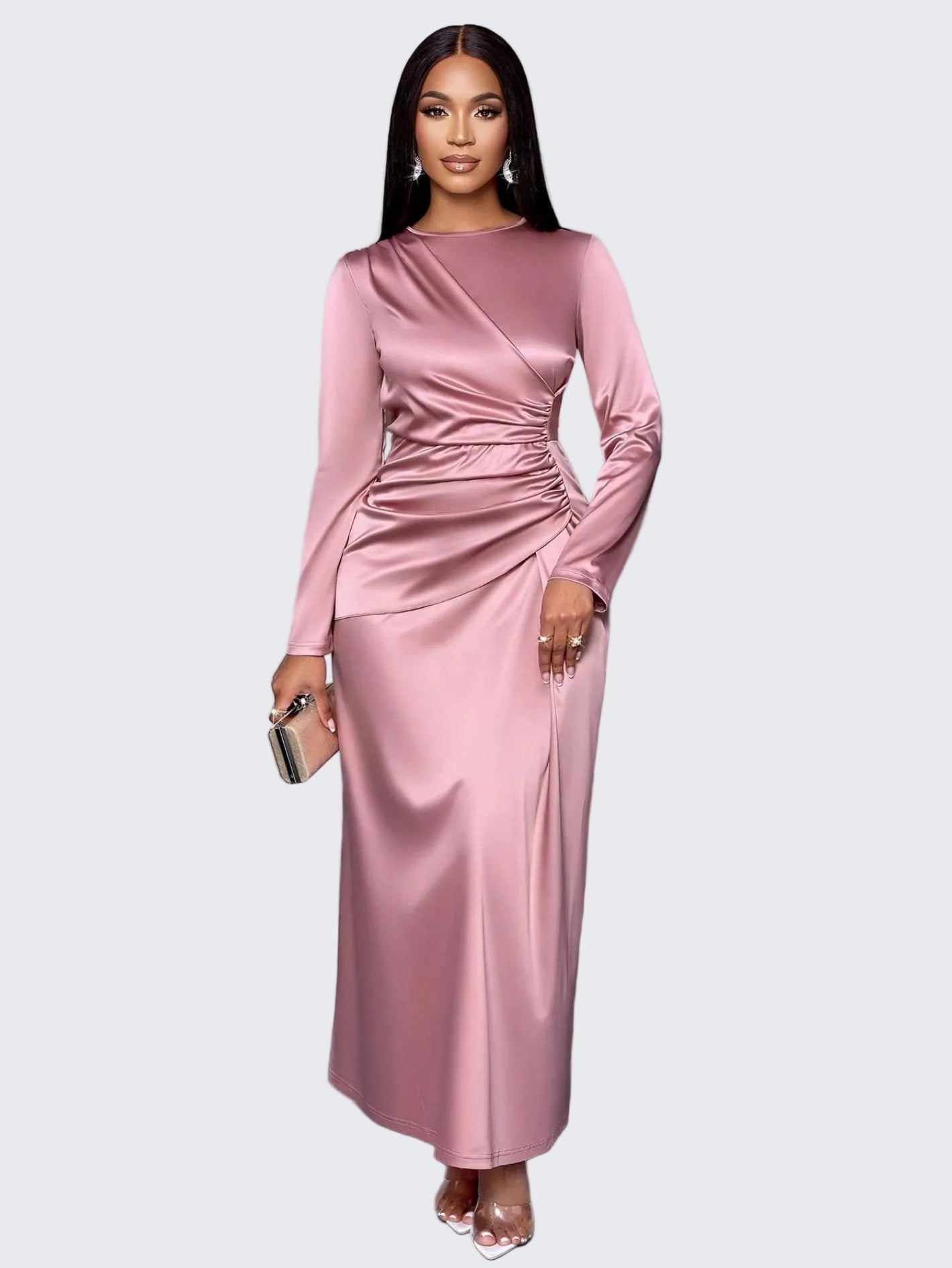 🍒 Premium satynrok vir geleenthede vrouedrag mode toegeruste aanddrag asimmetriese uitrusting langmou Gly in syerigheid