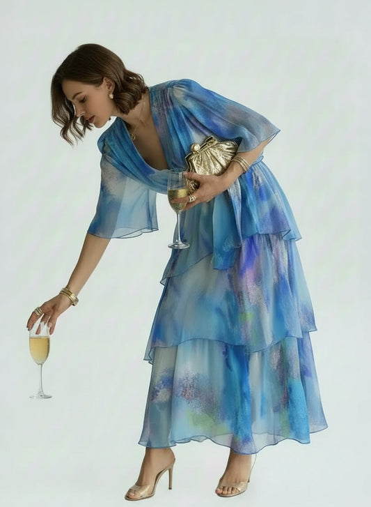 🍒Gradient print layered dress flutter sleeve outfit occasion wear for women wedding guest dresses holiday wear party fashion  Don’t flutter By This Butterfly