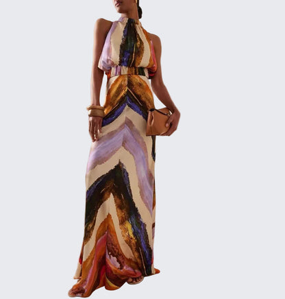 🍒Dames moulose bedrukte maxi-rok geleentheidsdrag mode vakansiedrag veelkleurige uitrusting vir die somer met ingewerkte middellyf Chevron Chic